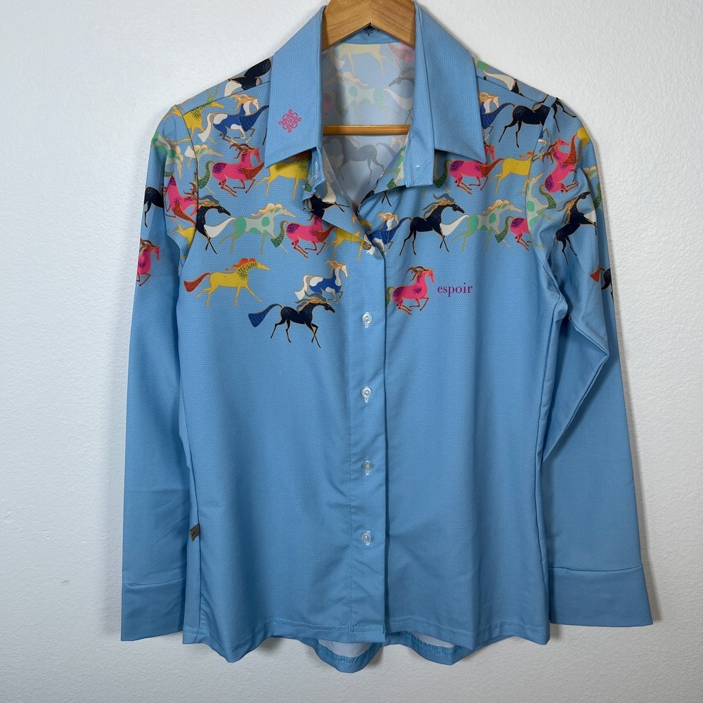 Espoir Equestrian Button Up Shirt Womens M Performance Horse Riding Western Blue - Picture 13 of 14